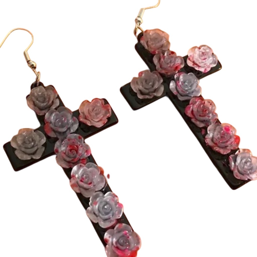 Goth Cross Earrings w/ Rose Details Y2K Alt Grunge Floral Statement Dangle 3" L